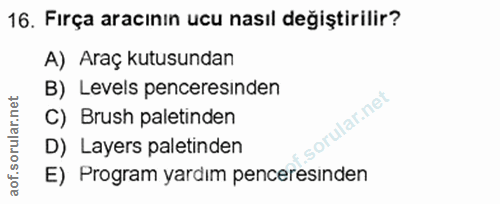 16. soru: Firça aracının ucu nasıl değiştirilir? A) Araç kutusundan B) Levels penceresinden C) Brush paletinden f. D) Layers pa…