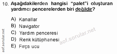 10. soru: Aşağıdakilerden hangisi "palet"i oluşturan yardımcı pencerelerden biri değildir? A) Kanallar B) Navigator C) Yardım p…