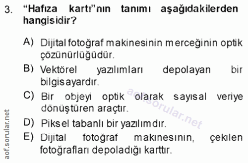 3. soru: "Hafıza kartı"nın tanımı aşağıdakilerden hangisidir? A) Dijital fotoğraf makinesinin merceğinin optik çozünürluğüdür.…