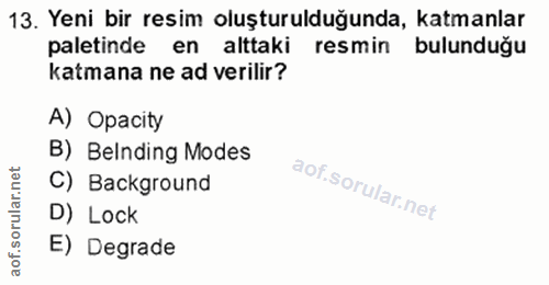 13. soru: Yeni bir resim oluşturulduğunda, katmanlar paletinde en alttaki resmin bulunduğu katmana ne ad verilir? A) Opacity B)…
