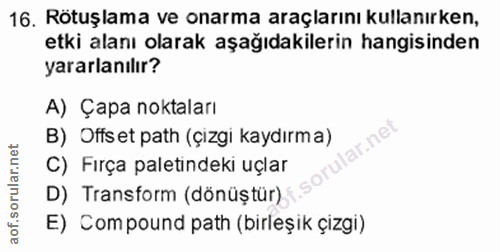 16. soru: Rötuşlama ve onarma araçlarını kullanırken, etki alanı olarak aşağıdakilerin hangisinden yararlanılır? A) Çapa noktal…