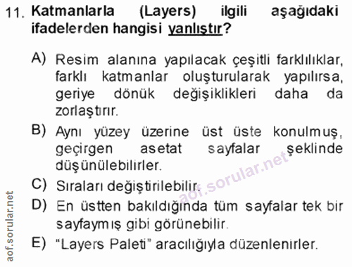 11. soru: Katmanlarla (Layers) ilgili aşağıdaki ifadelerden hangisi yanlıştır? A) Resim alanına yapılacak çeşitli farklılıklar,…