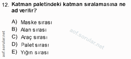 12. soru: Katman paletindeki katman sıralamasına ne ad verilir? A) Maske sırası B) Alan sırası C) Araç sırası D) Palet sirası E…