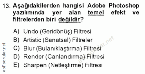 13. soru: Aşağıdakilerden hangisi Adobe Photoshop yazılımında yer alan temel efekt ve filtrelerden biri değildir? A) Undo (Geri…