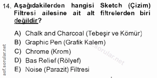 14. soru: Aşağıdakilerden hangisi Sketch (Çizim) Filtresi ailesine ait alt filtrelerden biri değildir? A) Chalk and Charcoal (T…