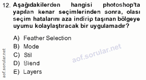 12. soru: Aşağıdakilerden hangisi photoshop'ta yapılan kenar seçimlerinden sonra, olası seçim hatalarını aza indirip taşınan bö…