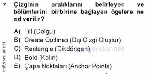 7. soru: Çizginin aralıklarını belirleyen ve bölümlerini birbirine bağlayan ögelere ne ad verilir? A) Fill (Dolgu) B) Create O…