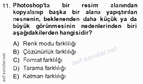 11. soru: Photoshop'ta bir resim alanından kopyalanıp başka bir alana yapıştırılan nesnenin, beklenenden daha küçük ya da büyük…