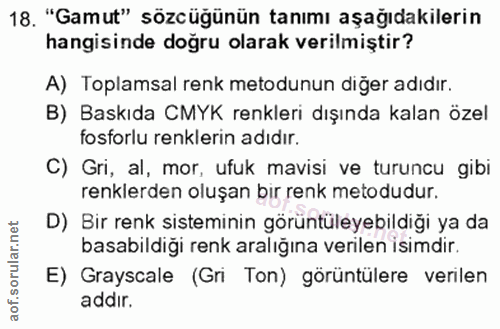 18. soru: "Gamut" sözcüğünün tanımı aşağıdakilerin hangisinde doğru olarak verilmiştir? A) Toplamsal renk metodunun diğer adıdı…