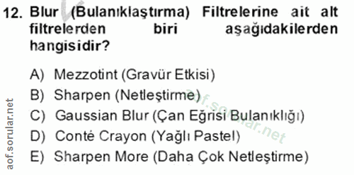 12. soru: Blur (Bulanıklaştırma) Filtrelerine ait alt filtrelerden biri aşağıdakilerden hangisidir? A) Mezzotint (Gravür Etkisi…