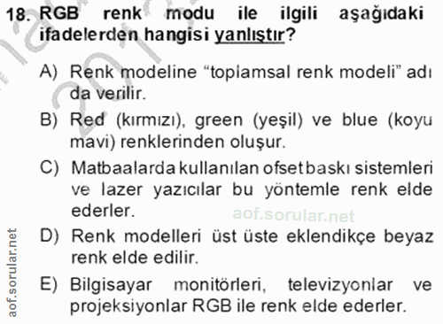 18. soru: RGB renk modu ile ilgili aşağıdaki ifadelerden hangisi yanlıştır? A) Renk modeline "toplamsal renk modeli" adı da ver…