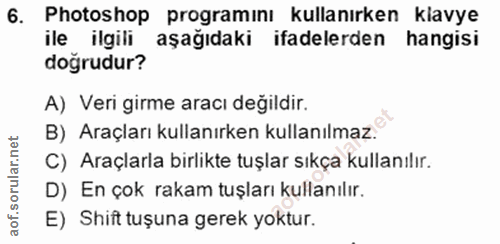 6. soru: Photoshop programını kullanırken klavye ile ilgili aşağıdaki ifadelerden hangisi doğrudur? A) Veri girme aracı değild…