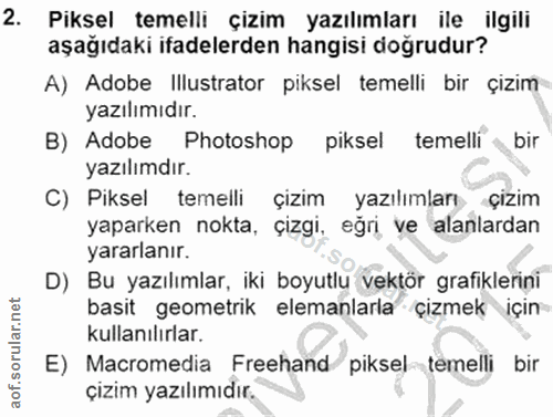 2. soru: Piksel temelli çizim yazılımları ile ilgili aşağıdaki ifadelerden hangisi doğrudur? A) Adobe Illustrator piksel temel…