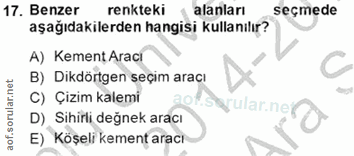 17. soru: Benzer renkteki alanları seçmede aşağıdakilerden hangisi kullanılır? A) Kement Araci B) Dikdörtgen seçim aracı C) Çiz…