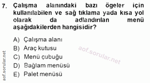7. soru: Çalışma alanındaki bazı ögeler için kullanılabılen ve sag tıklama yada kısa yol olarak da adlandırılan menü aşağıdaki…