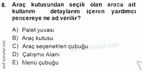 8. soru: Araç kutusundan seçili olan araca ait kullanım detaylarını içeren yardımcı pencereye ne ad verilir? A) Palet yuvası B…