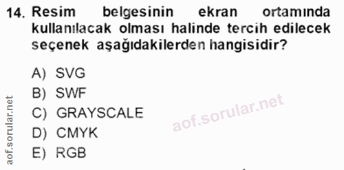 14. soru: Resim belgesinin ekran ortaminda kullanılacak olması halinde tercih edilecek seçenek aşağıdakilerden hangisidir? A) S…