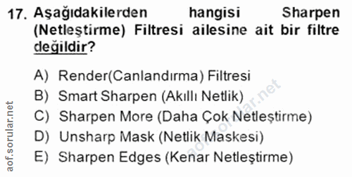17. soru: Aşağıdakilerden hangisi Sharpen (Netleştirme) Filtresi ailesine ait bir filtre değildir? A) Render(Canlandırma) Filtr…
