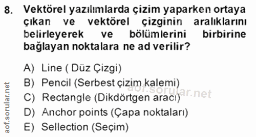 8. soru: Vektörel yazılımlarda çizim yaparken ortaya çıkan ve vektörel çizginin aralıklarını belirleyerek ve bölümlerini birbi…