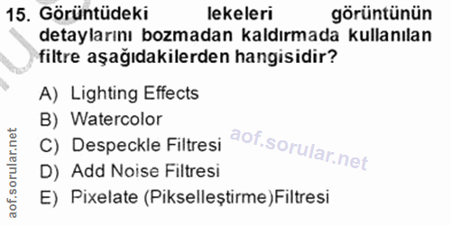 15. soru: Görüntüdeki lekeleri görüntünün detaylarını bozmadan kaldırmada kullanılan filtre aşağıdakilerden hangisidir? A) Ligh…