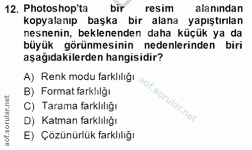 12. soru: Photoshop'ta bir resim alanından kopyalanıp başka bir alana yapıştırılan nesnenın, beklenenden daha küçük ya da büyük…