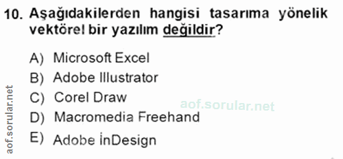 10. soru: Aşağıdakilerden hangisi tasarıma yönelik vektörel bir yazılım değildir? A) Microsoft Excel B) Adobe Illustrator C) Co…