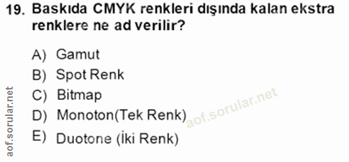 19. soru: Baskıda CMYK renkleri dışında kalan ekstra renklere ne ad verilir? A) Gamut B) Spot Renk C) Bitmap D) Monoton(Tek Ren…