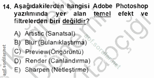 14. soru: Aşağıdakilerden hangisi Adobe Photoshop yazılımında yer alan temel efekt ve filtrelerden biri değildir? A) Artistic (…