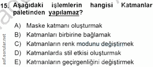 15. soru: Aşağıdaki işlemlerin hangisi Katmanlar paletinden yapılamaz? A) Maske katmanı oluşturmak B) Katmanları birbirine bağl…