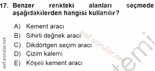 17. soru: Benzer renkteki alanları seçmede aşağıdakilerden hangisi kullanılır? A) Kement aracı B) Sihirli değnek aracı Of C) Di…