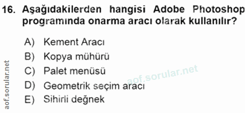 16. soru: Aşağıdakilerden hangisi Adobe Photoshop programinda onarma aracı olarak kullanılır? A) Kement Aracı B) Kopya mühürü C…