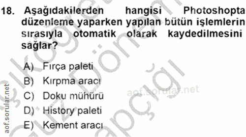 18. soru: Aşağıdakilerden hangisi Photoshopta düzenleme yaparken yapılan bütün işlemlerin sırasıyla otomatik olarak kaydedilmes…