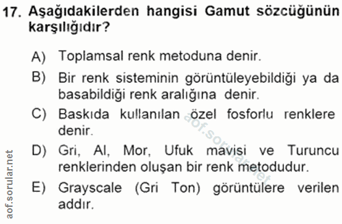 17. soru: Aşağıdakilerden hangisi Gamut sözcüğünün karşılığıdır? A) Toplamsal renk metoduna denir. B) Bir renk sisteminin görün…