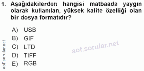 1. soru: Aşağıdakilerden hangisı matbaada yaygın olarak kullanılan, yüksek kalite ozelliği olan bir dosya formatıdır? A) USB B…