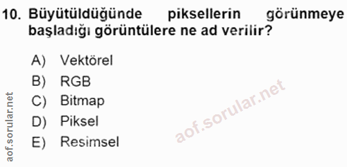 10. soru: Büyütüldüğünde piksellerin görünmeye başladığı görüntülere ne ad verilir? A) Vektörel B) RGB C) Bitmap D) Piksel E) R…