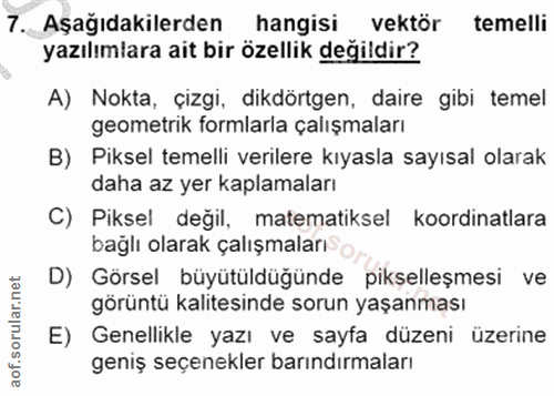 7. soru: Aşağıdakilerden hangisi vektör temelli yazılımlara ait bir özellik değildir? A) Nokta, çizgi, dikdörtgen, daire gibi…