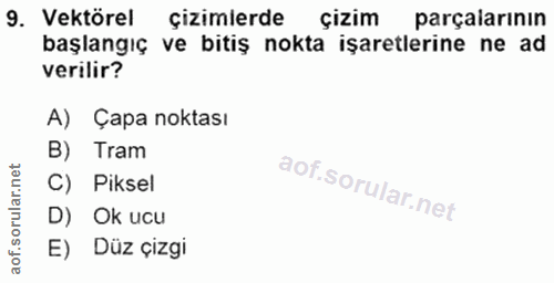 9. soru: Vektörel Çizimlerde çizim parçalarının başlangıç ve bitiş nokta işaretlerine ne ad verilir? A) Çapa noktası B) Tram C…
