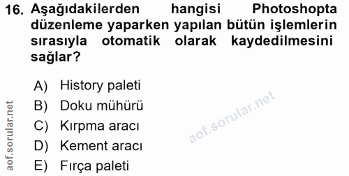 16. soru: Aşağıdakilerden hangisi Photoshopta düzenleme yaparken yapılan bütün işlemlerin sırasıyla otomatik olarak kaydedilmes…