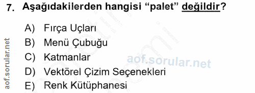 7. soru: Aşağıdakilerden hangisi "palet" değildir? A) Fırça Uçları B) Menü Çubuğu C) Katmanlar D) Vektörel Çizim Seçenekleri E…