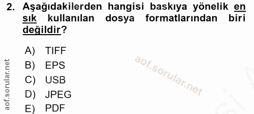 2. soru: Aşağıdakilerden hangisi baskıya yönelik en sık kullanılan dosya formatlarından biri değildir? A) TIFF B) EPS C) USB D…