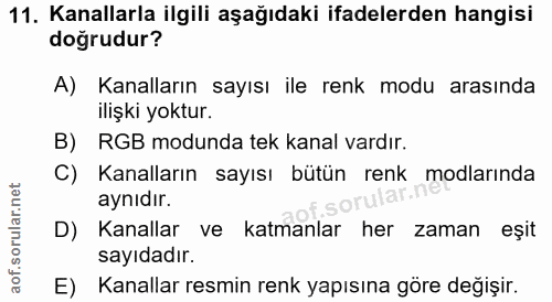 11. soru: Kanallarla ilgili aşağıdaki ifadelerden hangisi doğrudur? A) Kanalların sayısı ile renk modu arasında ilişki yoktur.…