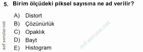 5. soru: Birim ölçüdeki piksel sayısına ne ad verilir? A) Distort B) Çözünürlük C) Opaklık D) Bayt E) Histogram