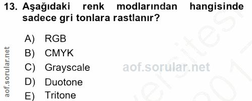 13. soru: Aşağıdaki renk modlarından hangisinde sadece gri tonlara rastlanır? A) RGB B) CMYK C) Grayscale D) Duotone E) Tritone