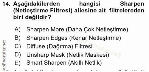 14. soru: Aşağıdakilerden hangisi Sharpen (Netleştirme Filtresi) ailesine ait filtrelereden biri değildir? A) Sharpen More (Dah…