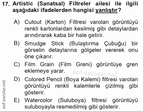 17. soru: Artistic (Sanatsal) Filtreler ailesi ile ilgili aşağıdaki ifadelerden hangisi yanlıştır? A) Cutout (Karton) Filtresi…