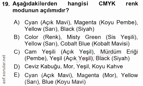 19. soru: Aşağıdakilerden hangisi | CMYK renk modunun açılımıdır? A) Cyan (Açık Mavi), Magenta (Koyu Pembe), Yellow (Sari), Bla…