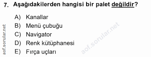 7. soru: Aşağıdakilerden hangisi bir palet değildir? A) Kanallar B) Menü çubuğu C) Navigator .sorular.ne D) Renk kütüphanesi E…
