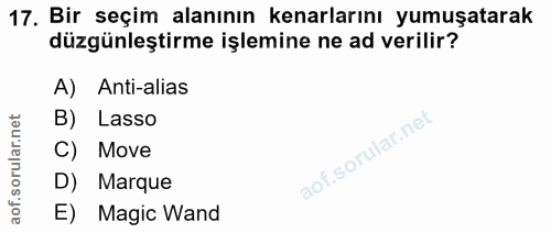 17. soru: Bir seçim alanının kenarlarını yumuşatarak düzgünleştirme işlemine ne ad verilir? A) Anti-alias B) Lasso C) Move D) M…