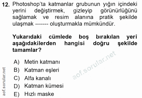 12. soru: Photoshop'ta katmanlar grubunun yığın içindeki yerini değiştirmek, gizleyip görünürlüğünü sağlamak ve resim alanına p…