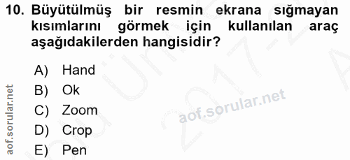 10. soru: Büyütülmüş bir resmin ekrana sığmayan kısımlarını görmek için kullanılan araç aşağıdakilerden hangisidir? A) Hand B)…